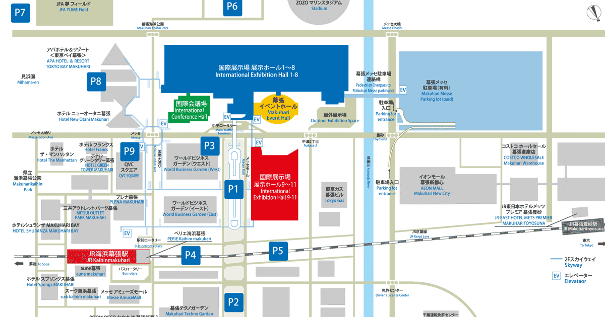 幕張メッセ近隣駐車の地図。P1〜P9まで9つの駐車場が地図上にプロットされている。