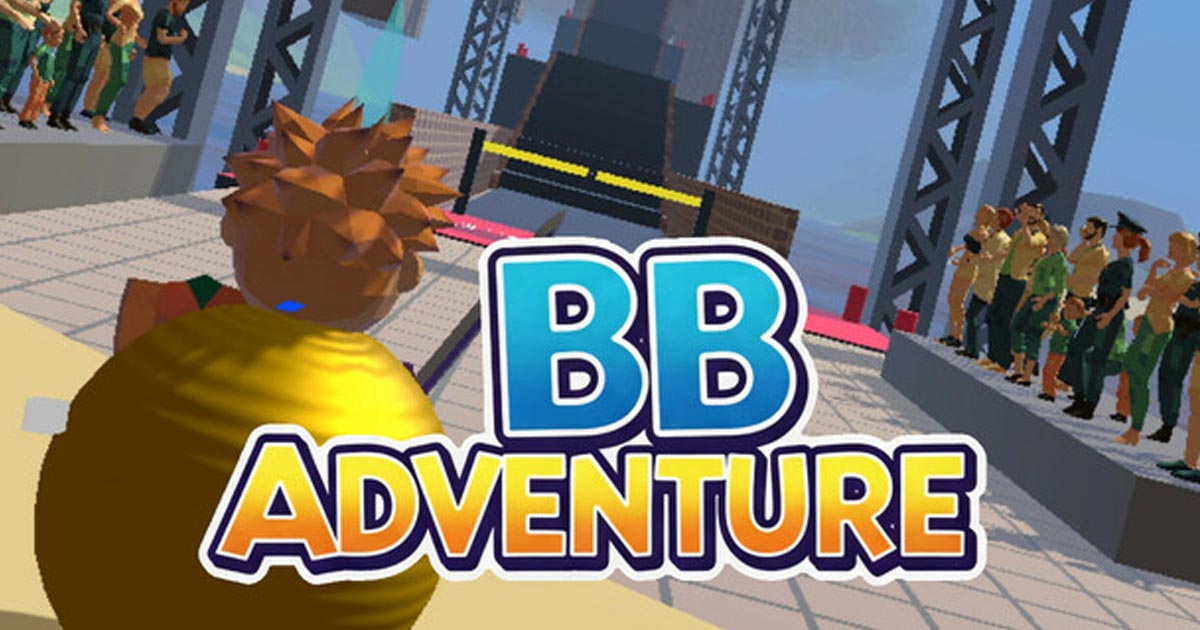 BB Adventureのロゴとゲーム内の一場面。キャラクターが大玉に乗ってステージを進むシーンが描かれている。